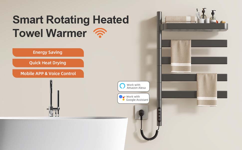 SIOYIE Smart Rotating Heated Towel Rack For Bathroom, Wall-Mounted Electric Towel Dryer With Swivel Bars & Shelf, Smart Timer, Low Carbon Steel, Plug-in/Hardwired, Towel Warmer With Wi-Fi App Control_voghion.com